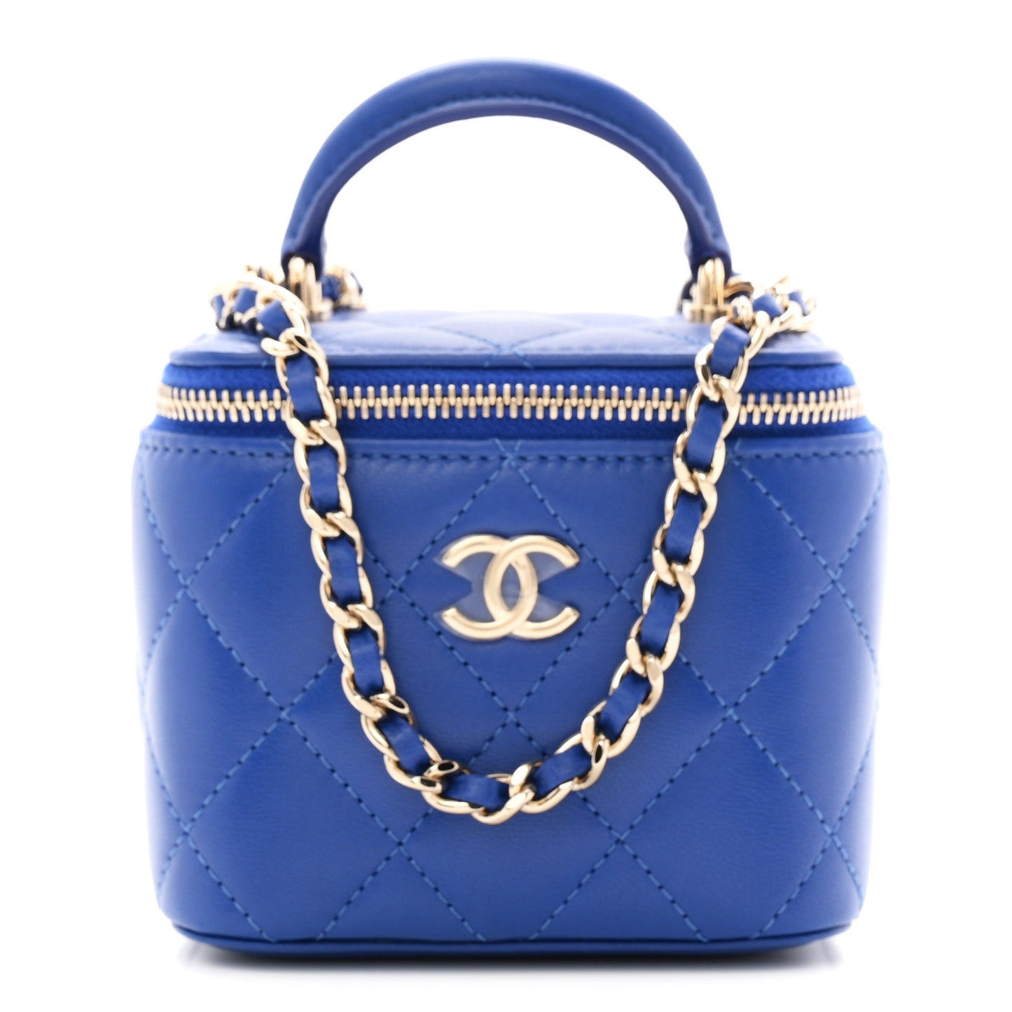 Lambskin Quilted Top Handle Mini Vanity Case With Chain Blue