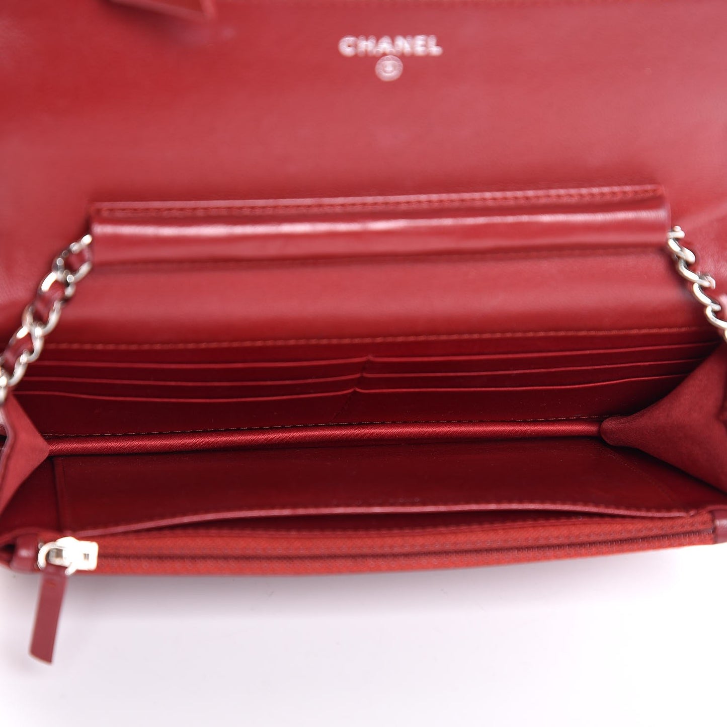 Lambskin Camellia Embossed Wallet On Chain WOC Dark Red