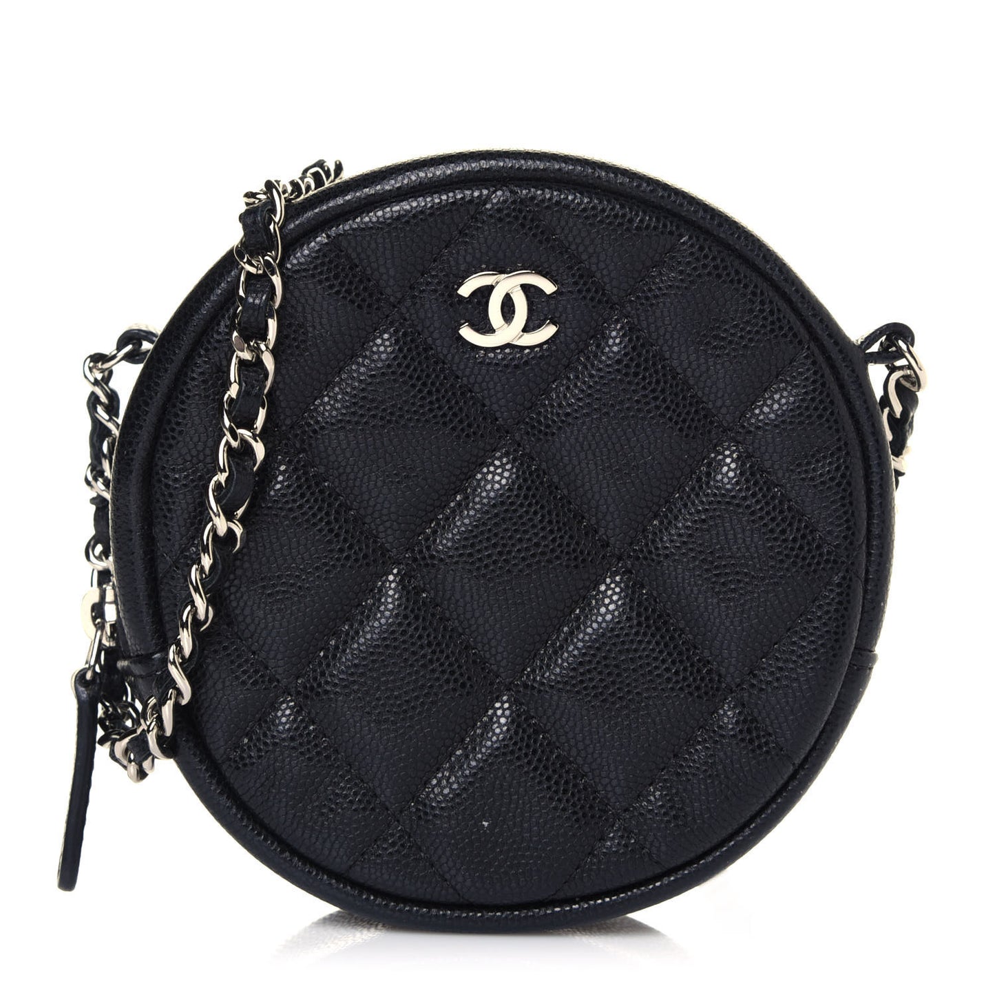 Caviar Quilted Round Clutch With Chain Black