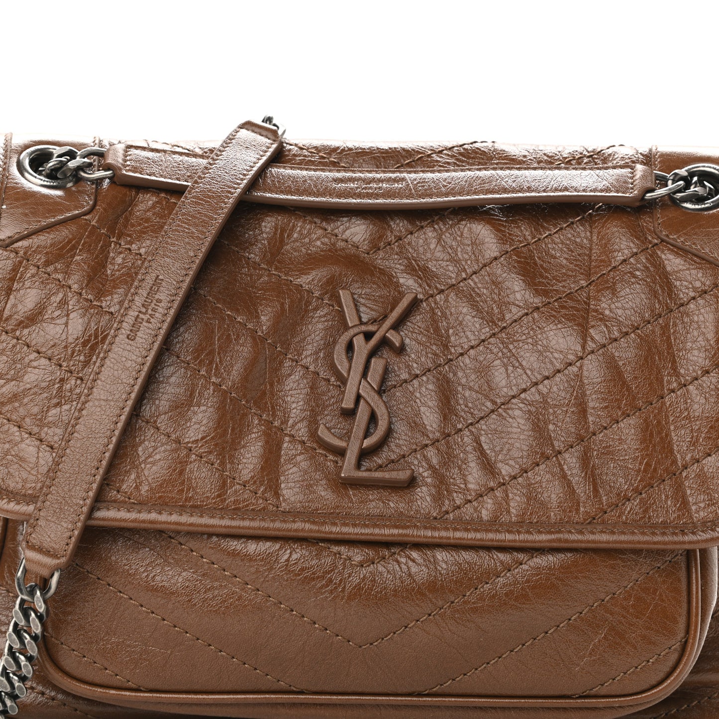 Crinkled Calfskin Matelasse Monogram Medium Niki Chain Satchel Tan Brown