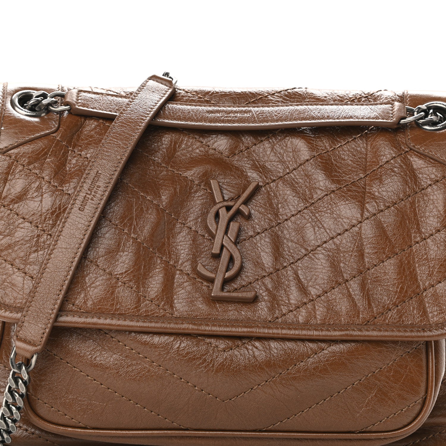 Saint Laurent Crinkled Calfskin Matelasse Monogram Medium Niki Chain Satchel Tan Brown 6 of 8