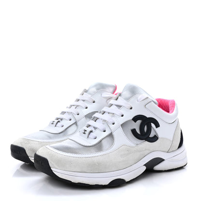Chanel Calfskin Fabric Sneakers 37.5 White Silver Fluo Pink 3 of 9