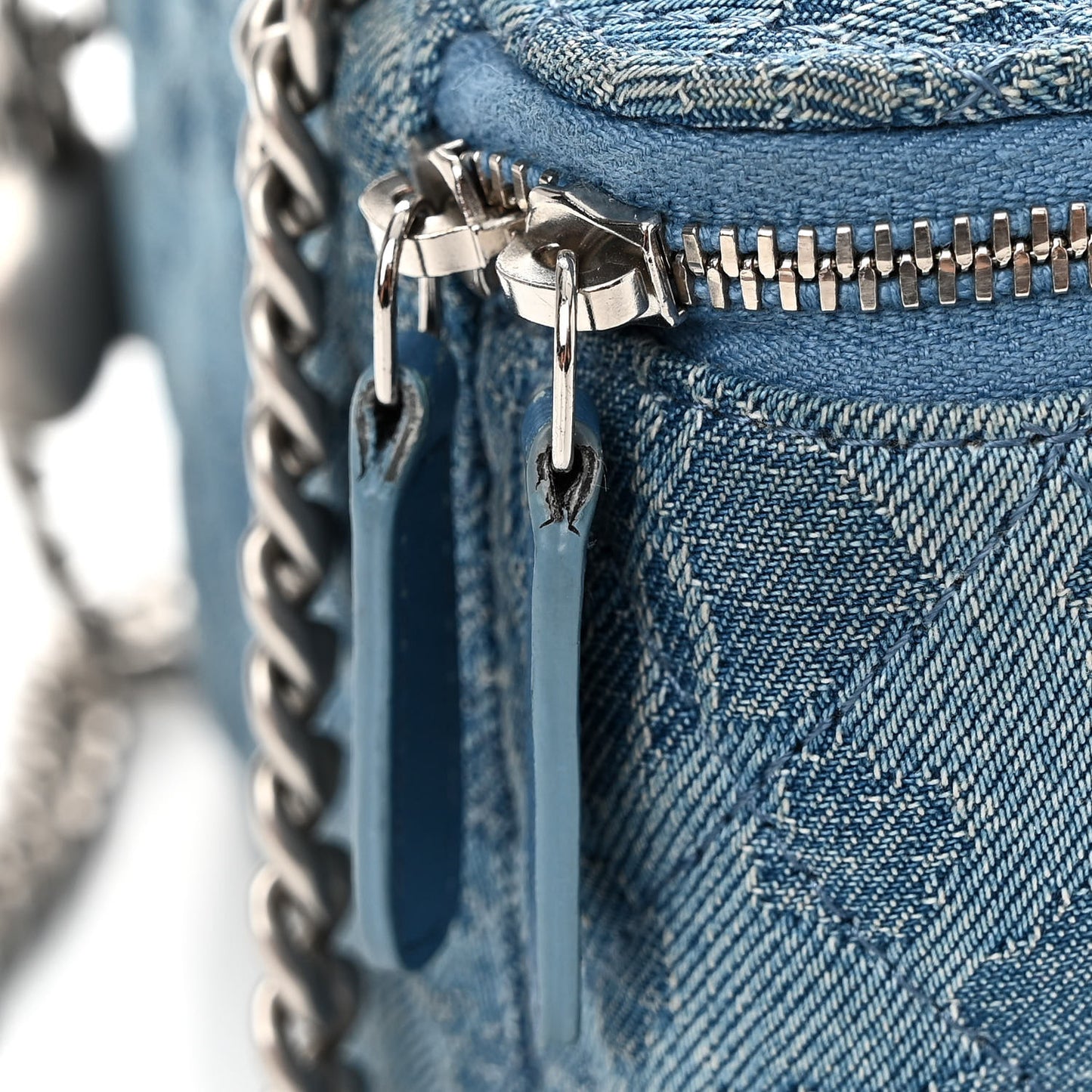 Denim Quilted Sweetheart Small Vanity Case With Chain Blue