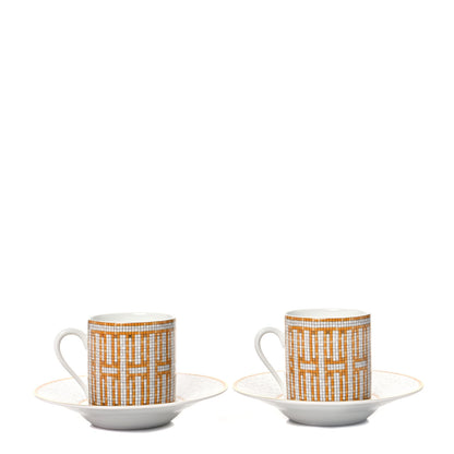 Hermes Porcelain Mosaique Au 24 Gold Coffee Cup and Saucer Set of 2 2 of 8