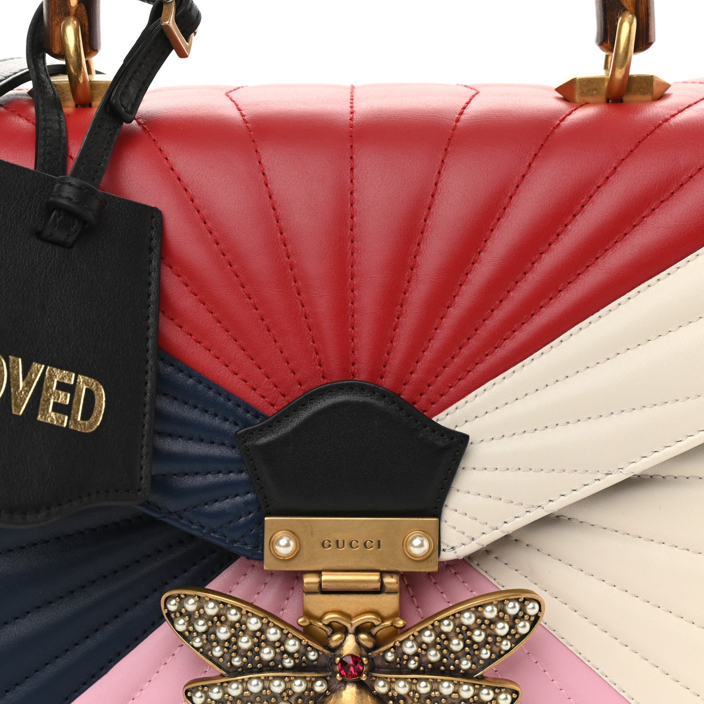 Calfskin Bamboo Trapuntata Queen Margaret Top Handle Bag Blue Agata Hibiscus Red Mystic White Sugar Pink