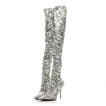 Balenciaga Spandex Dollars Print Pointed Toe Knife Thigh High Boots 38.5 Green 3 of 8
