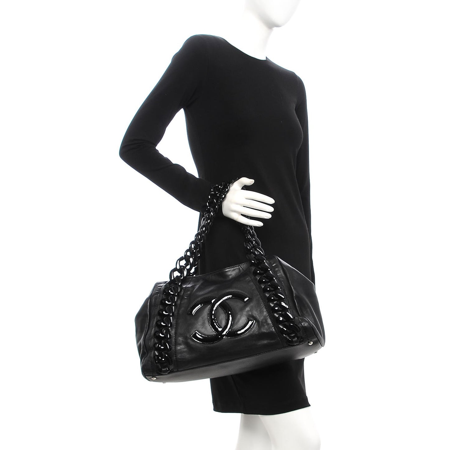 Calfskin Modern Chain Rhodoid East West Tote Black