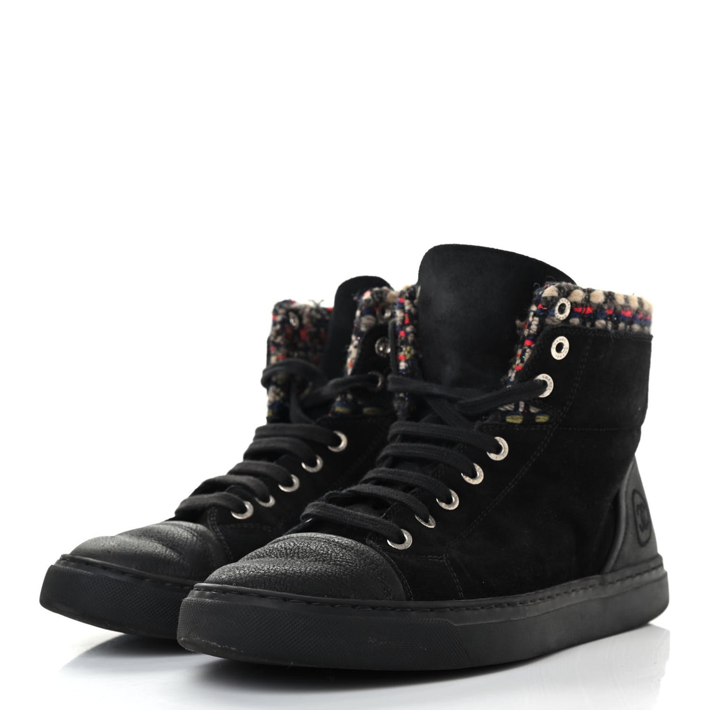 Suede Calfskin Goatskin Tweed High Top Sneakers 37 Black
