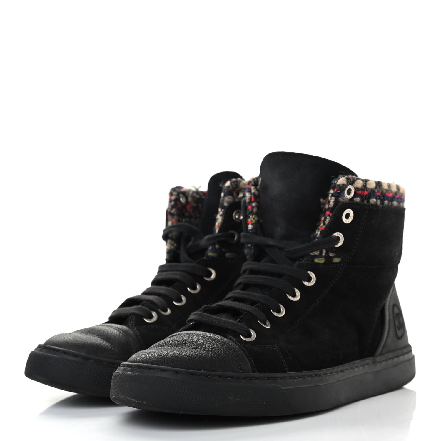 Chanel Suede Calfskin Goatskin Tweed High Top Sneakers 37 Black 3 of 13