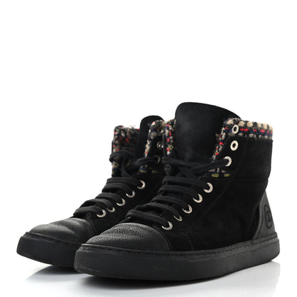 Chanel Suede Calfskin Goatskin Tweed High Top Sneakers 37 Black 3 of 13