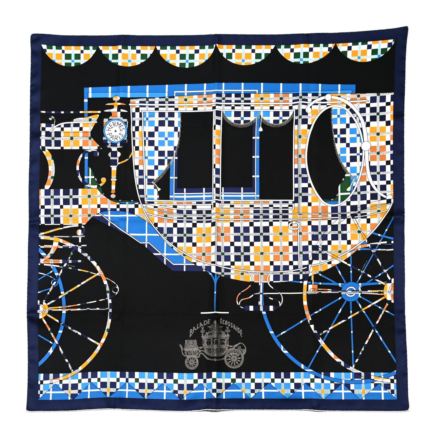 Silk Balade Ecossaise Scarf 90 Black Bleu Jaune D'or
