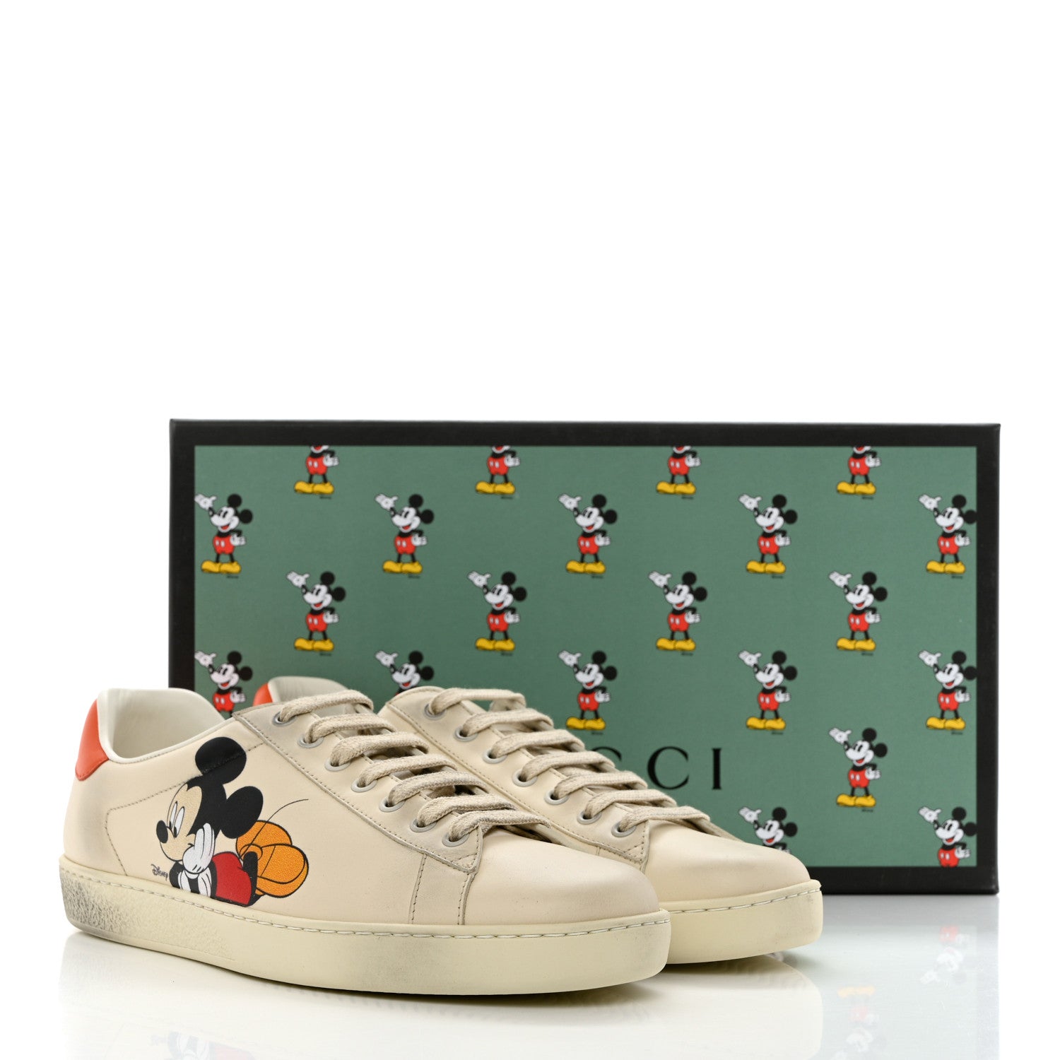 Gucci X DISNEY Miro Soft Calfskin Mickey Mouse Print Mens Ace Sneakers 8.5 Ivory Deep Orange 9 of 9