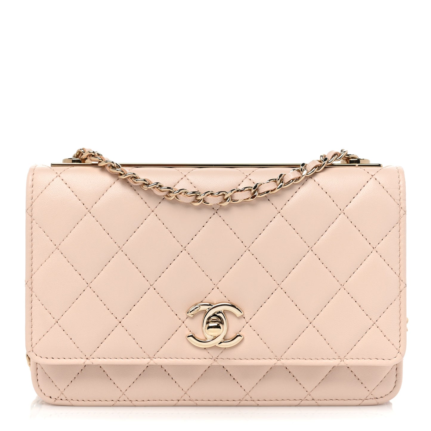 Lambskin Quilted Trendy CC Wallet On Chain WOC Light Beige
