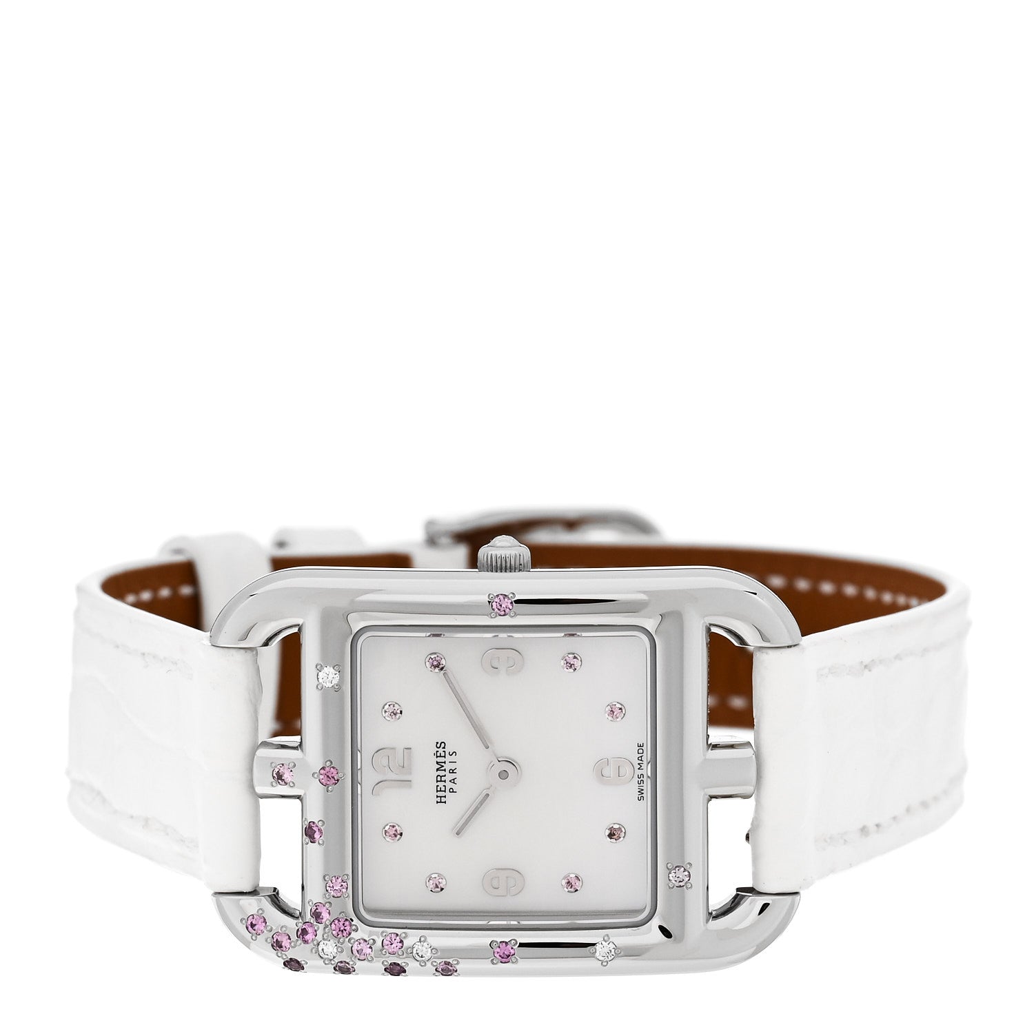 Hermes Stainless Steel Alligator Diamond Pink Sapphire Mother of Pearl 23mm Cape Cod Quartz Watch Blanc 2 of 5