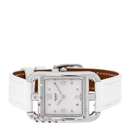 Hermes Stainless Steel Alligator Diamond Pink Sapphire Mother of Pearl 23mm Cape Cod Quartz Watch Blanc 2 of 5