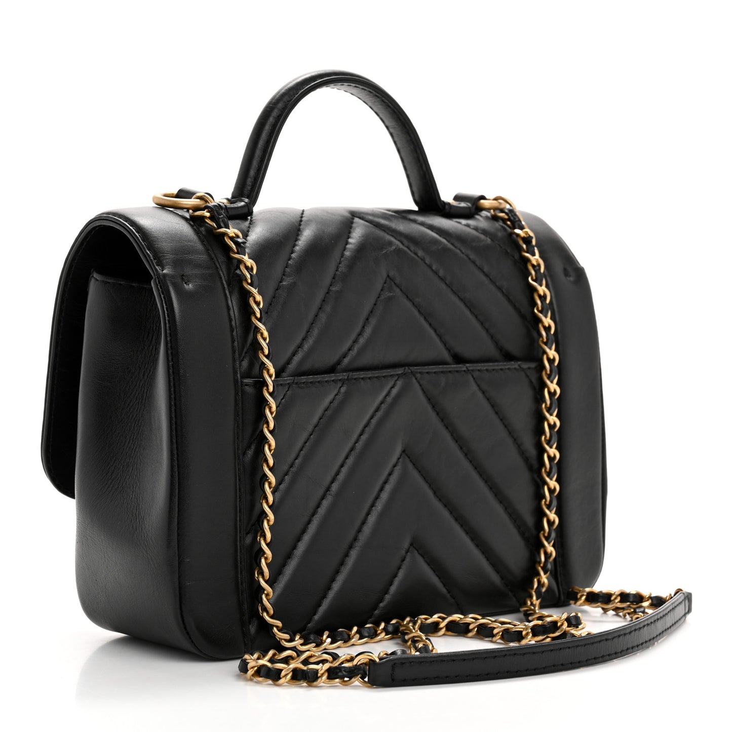 Calfskin Chevron Quilted Top Handle Flap Black