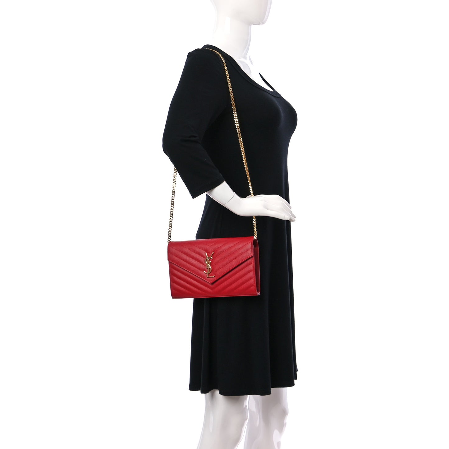 Grain De Poudre Matelasse Chevron Monogram Chain Wallet Red