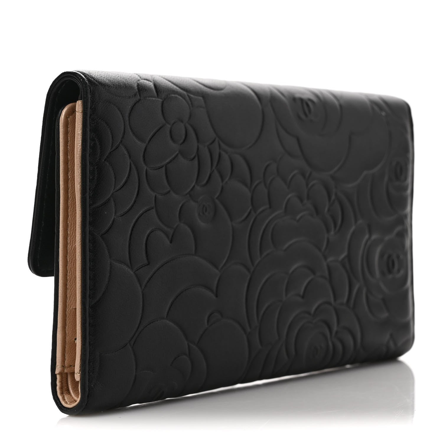 Chanel Lambskin Embossed Camellia Large Gusset Flap Wallet Black 3 of 7