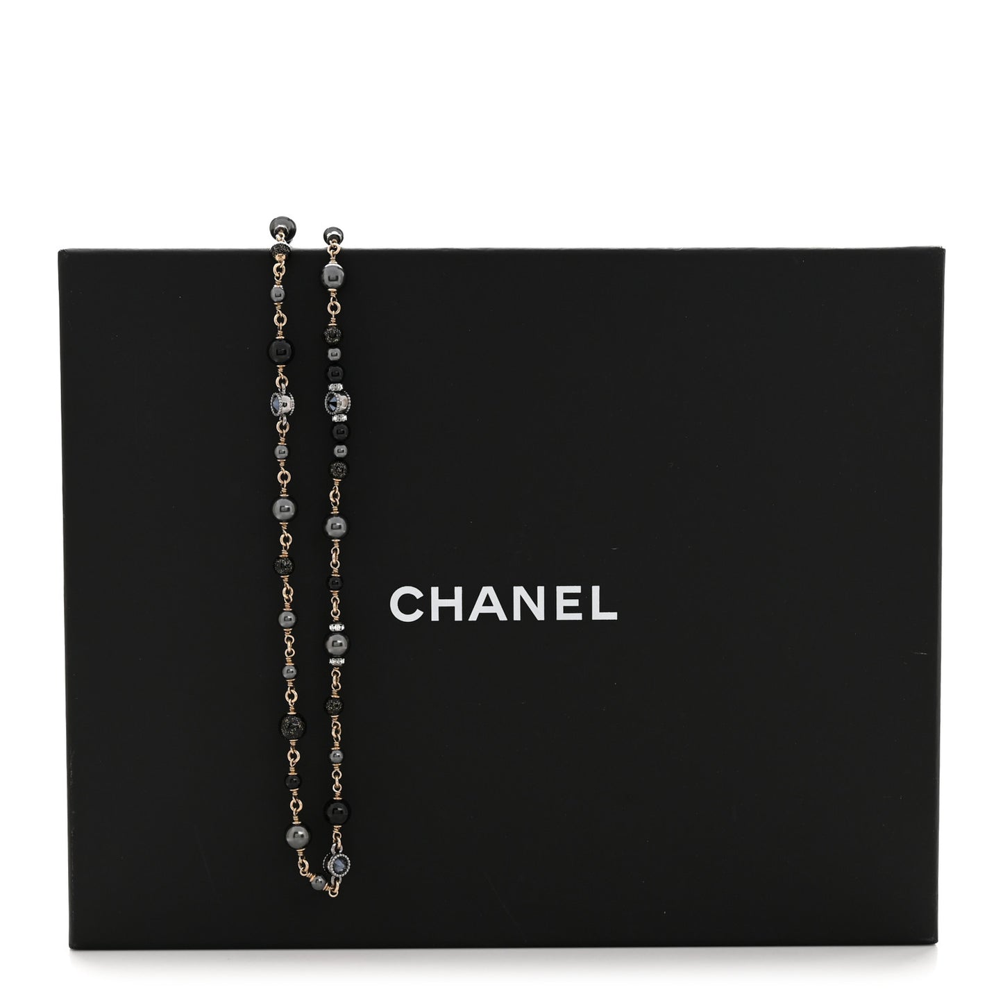 Pearl Bead Crystal CC Long Necklace Black Gold