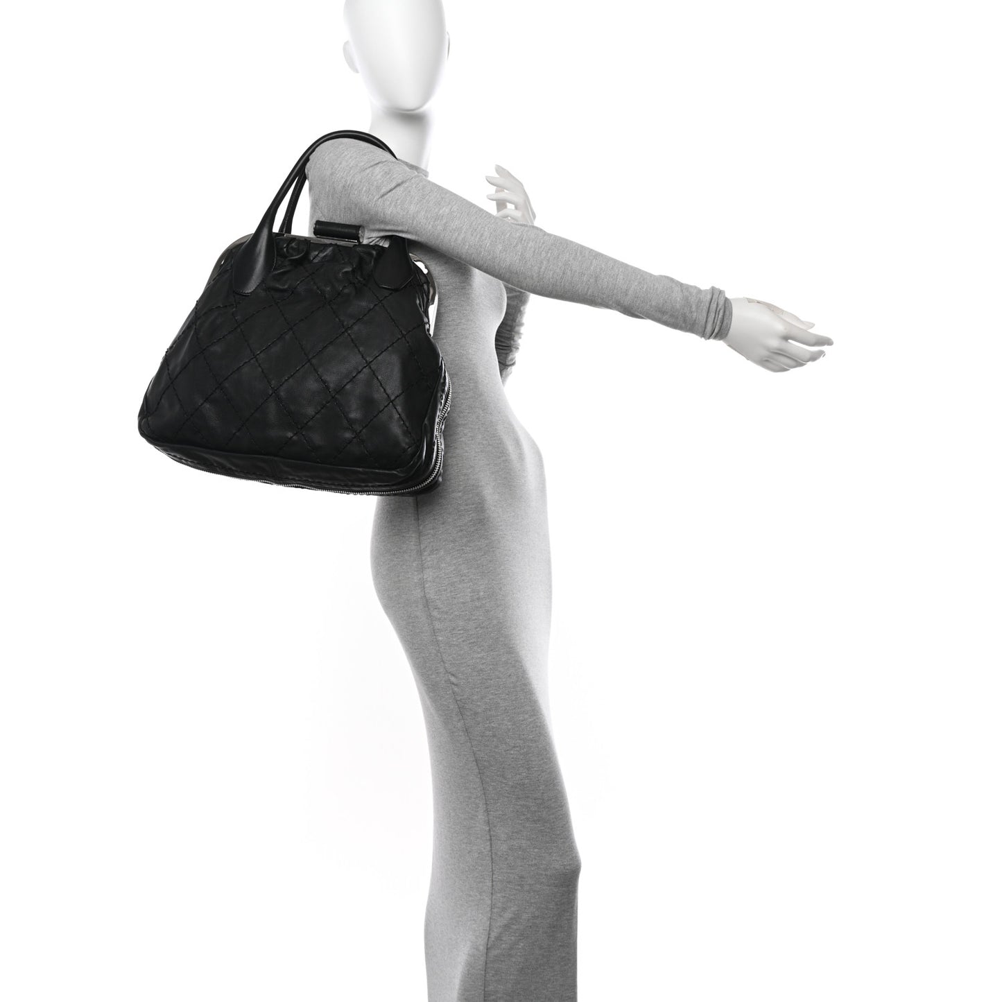 Calfskin Stitched Expandable Frame Bag Black