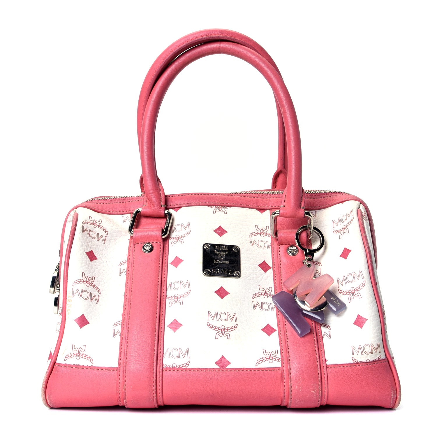 MCM Visetos Small Boston Bag Pink White 1 of 4