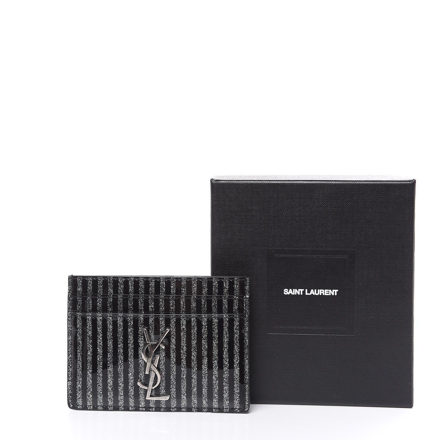 Saint Laurent Patent Glitter Striped Monogram Credit Card Case Black Silver 8 of 8