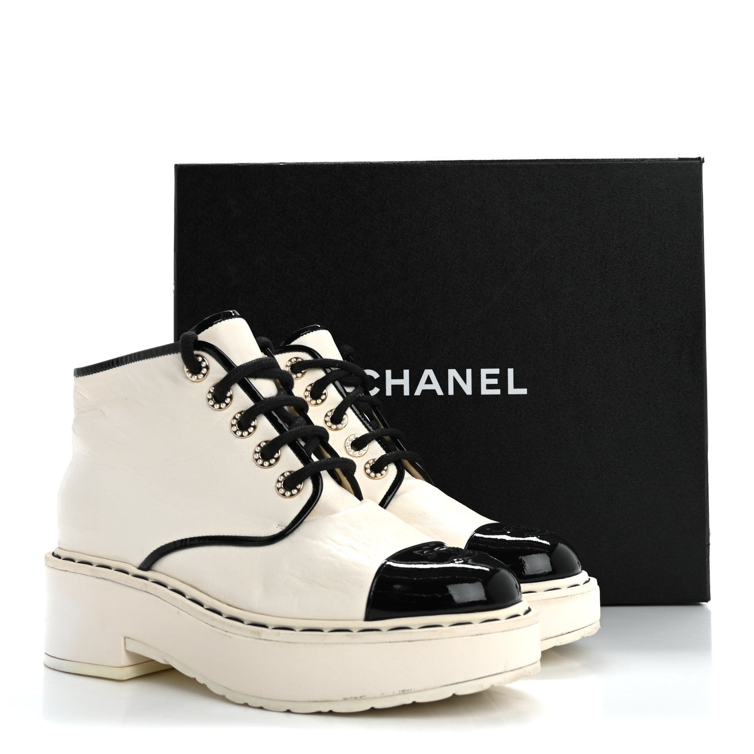 Chanel Lambskin Patent CC Cap Toe Pearl Short Boots 36.5 White