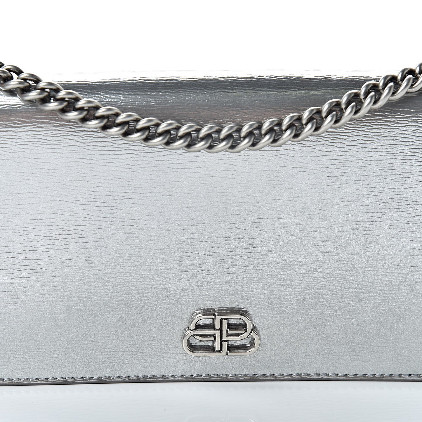 Metallic Grained Calfskin BB Phone Holder Wallet On Chain Silver