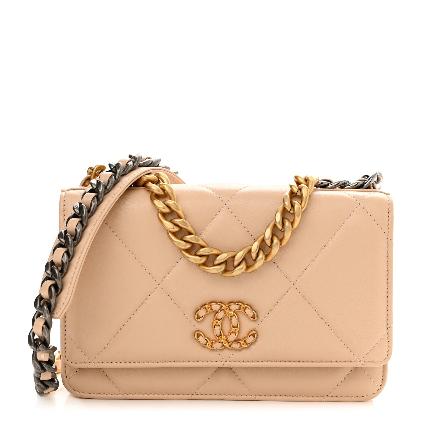 Lambskin Quilted Chanel 19 Wallet On Chain WOC Beige