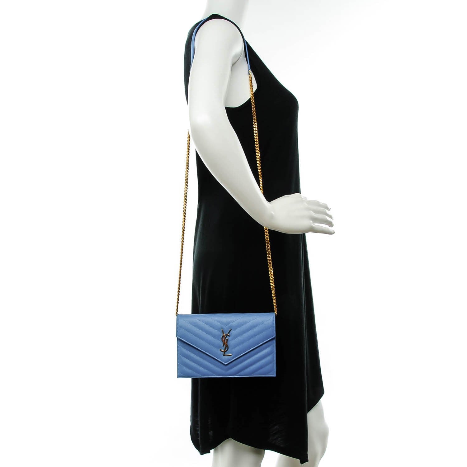 Saint Laurent Grain De Poudre Matelasse Chevron Monogram Envelope Chain Wallet Blue Clair 2 of 7