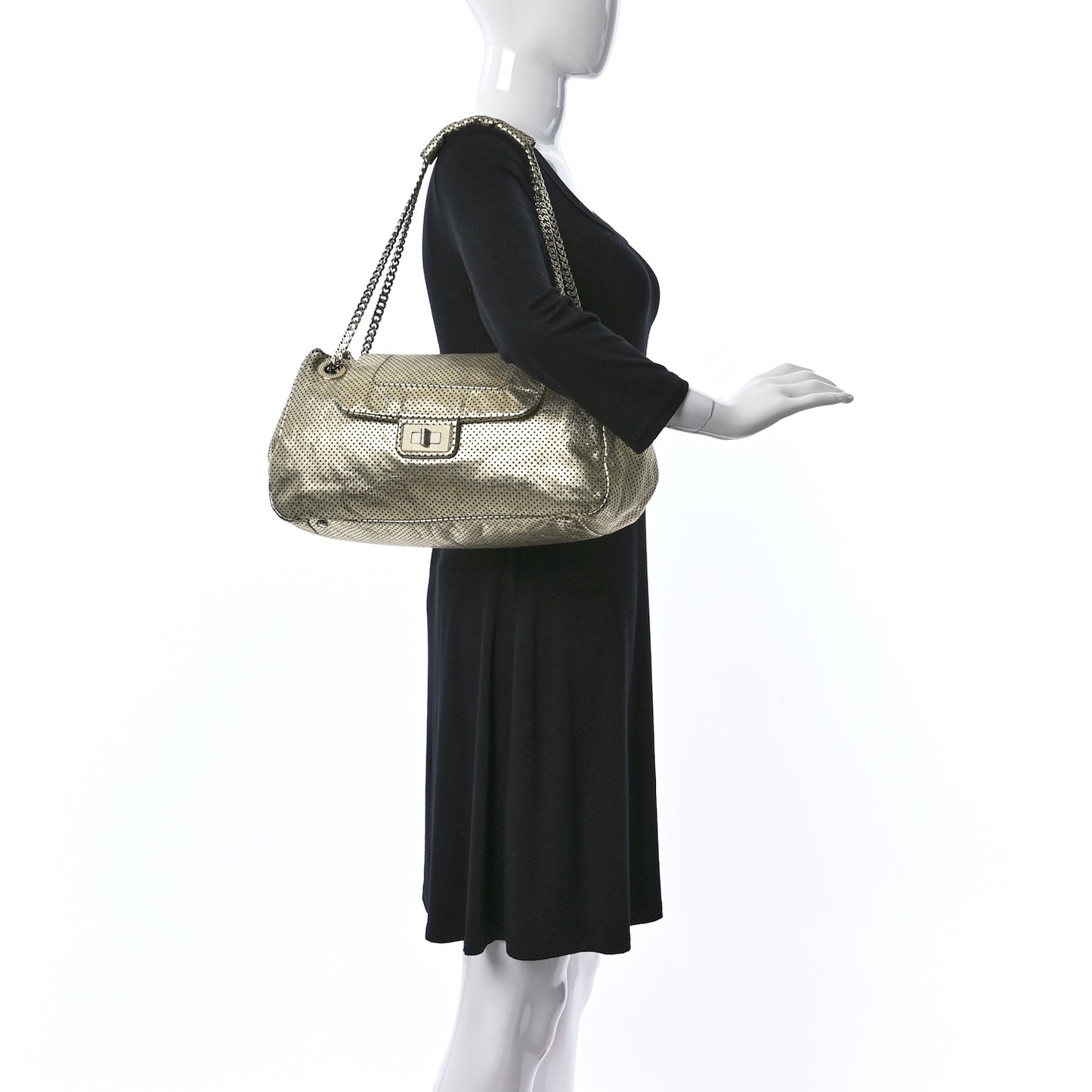 Metallic Calfskin Perforated Large Drill Accordion Flap Gold