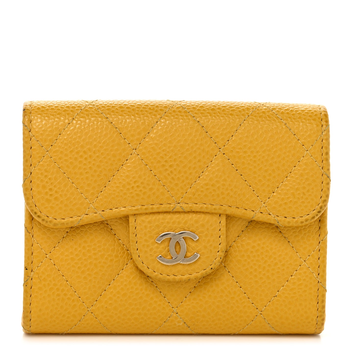 Caviar Quilted Flap Card Holder Wallet Yellow
