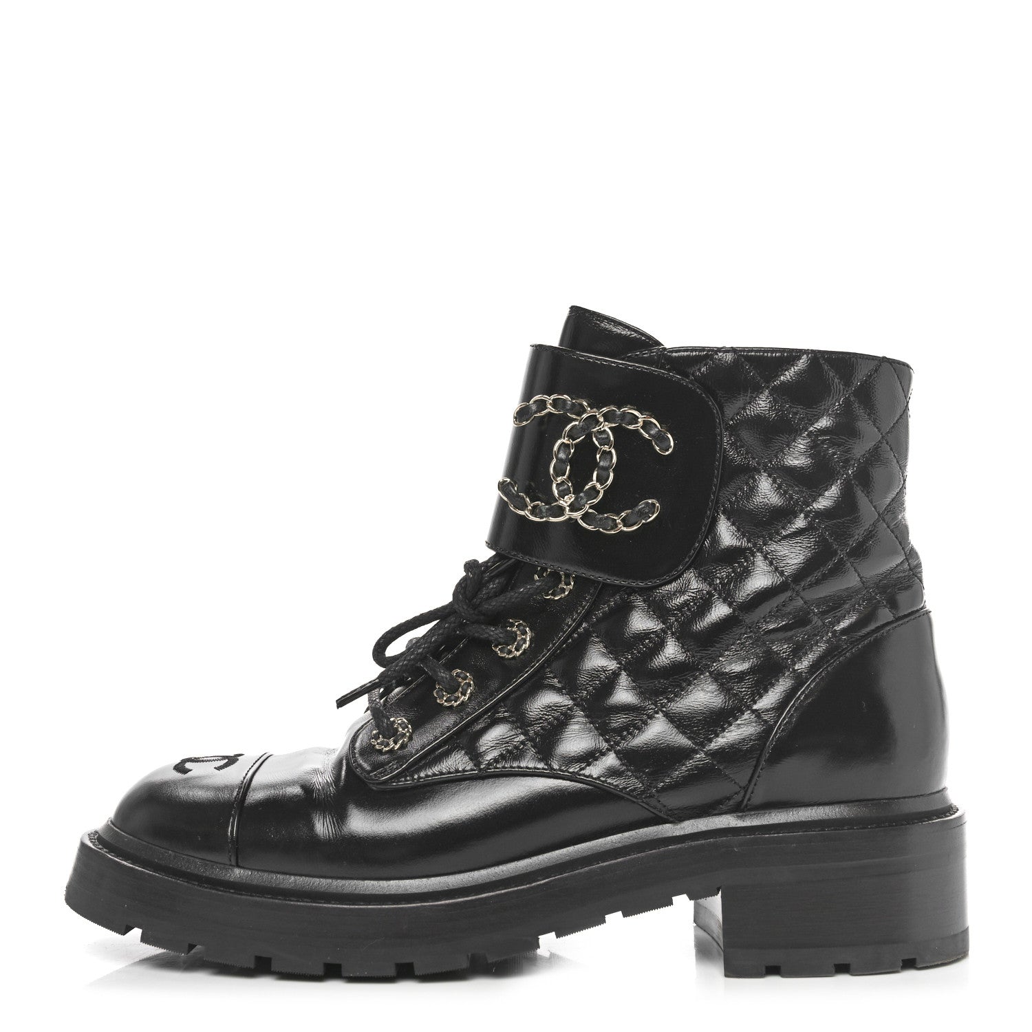 Chanel Shiny Goatskin Calfskin Quilted Lace Up Combat Boots 40 Black 1 of 8