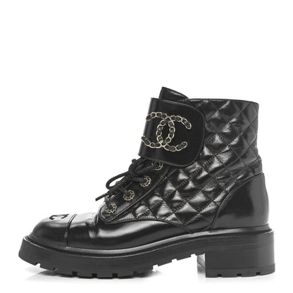 Chanel Shiny Goatskin Calfskin Quilted Lace Up Combat Boots 40 Black 1 of 8
