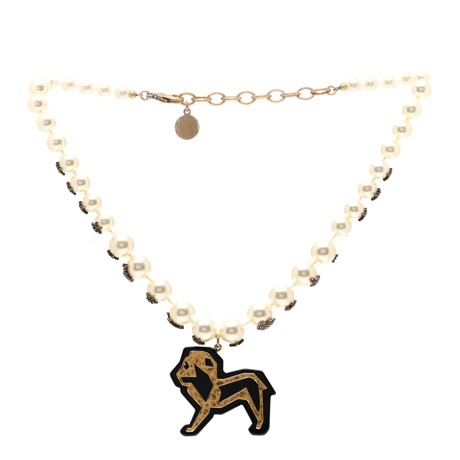 Christian Dior Pearl Resin Crystal Lion Pendant Choker Necklace Gold White Black 3 of 6