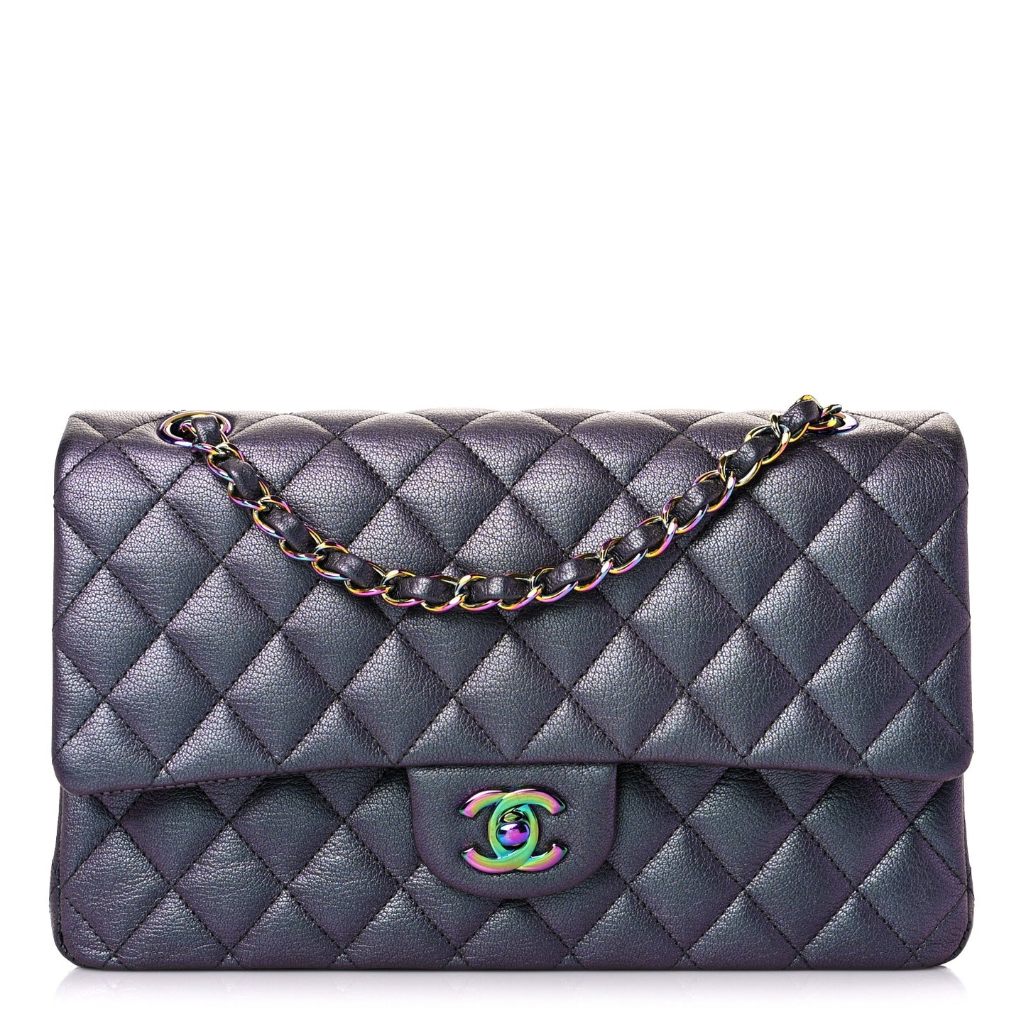 Iridescent Goatskin Quilted Medium Double Flap Purple