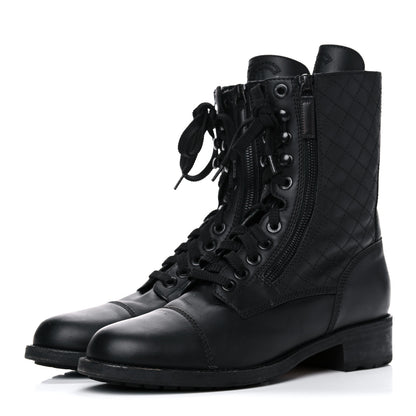Chanel Calfskin Quilted Lace Up Combat Boots 40.5 Black 3 of 17