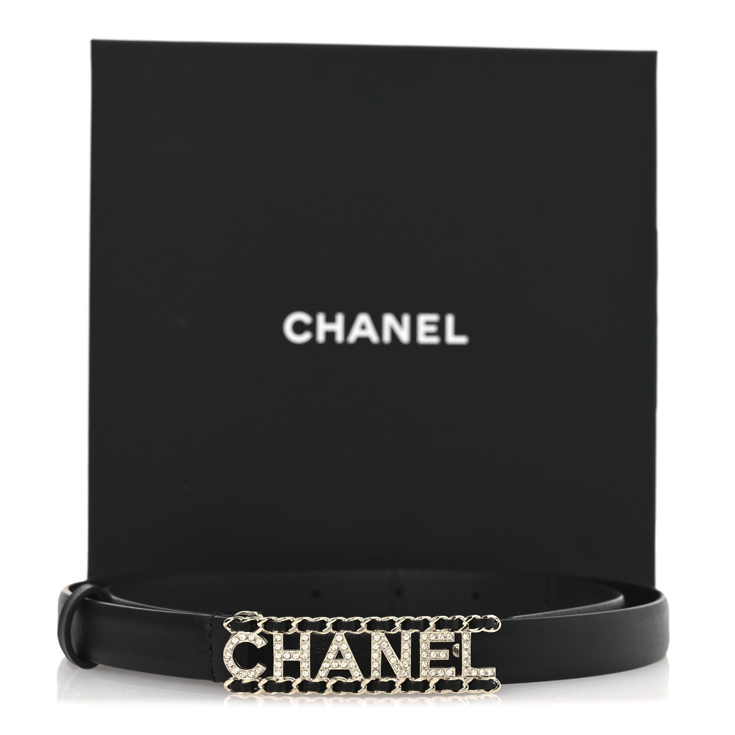 Calfskin Crystal Chain Logo Belt 75 30 Black
