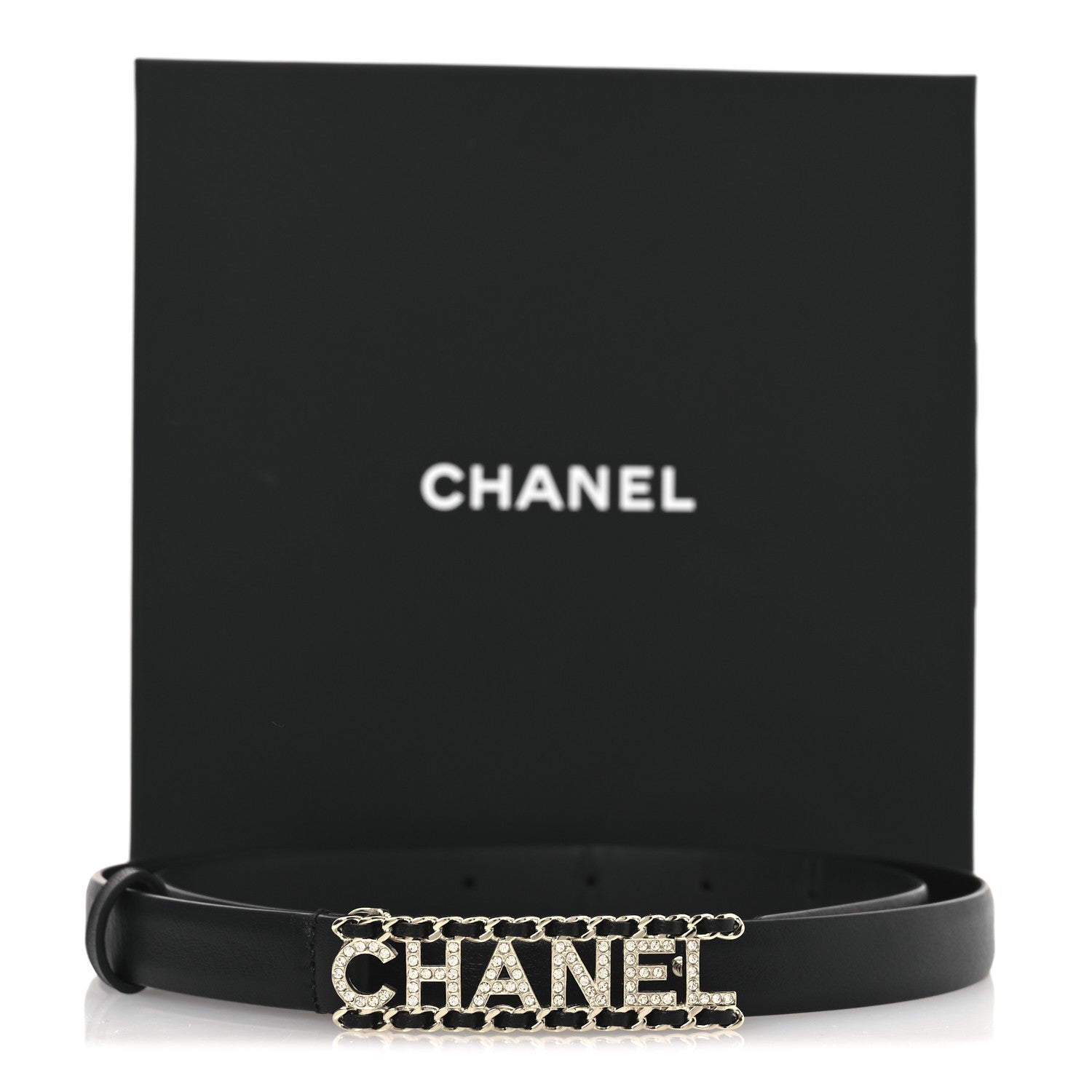 Chanel Calfskin Crystal Chain Logo Belt 75 30 Black 8 of 8