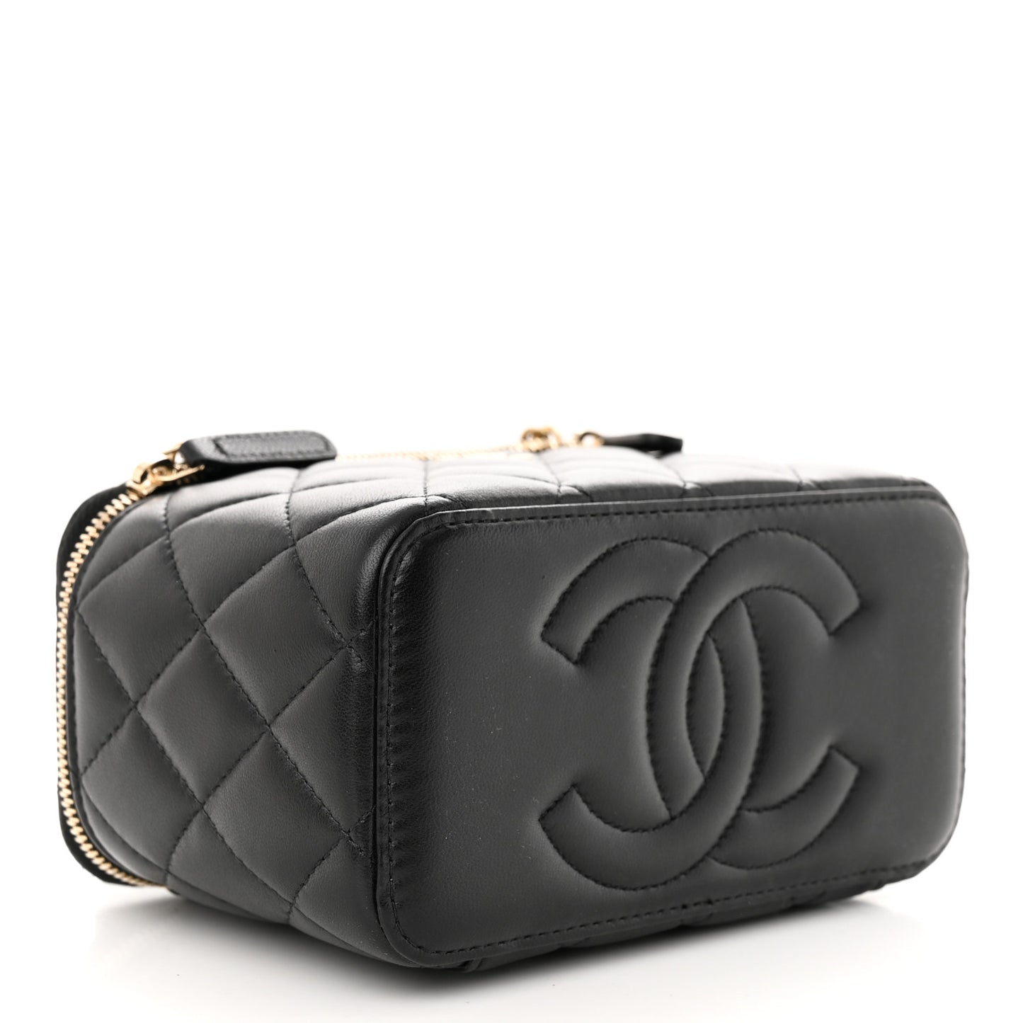 Lambskin Quilted Metal Small Top Handle Vanity Case With Chain Black