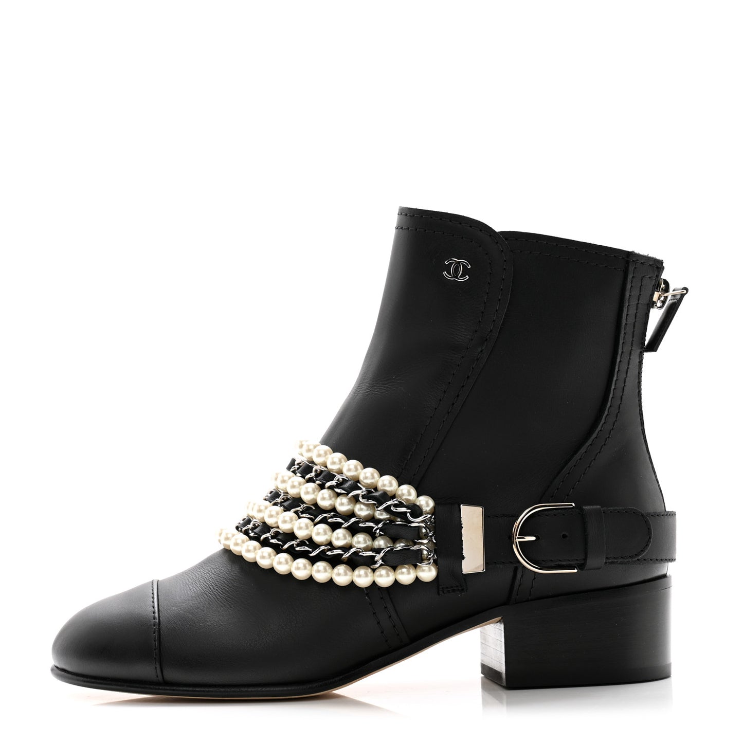 Calfskin Pearl Cap Toe Short Boots 36.5 Black