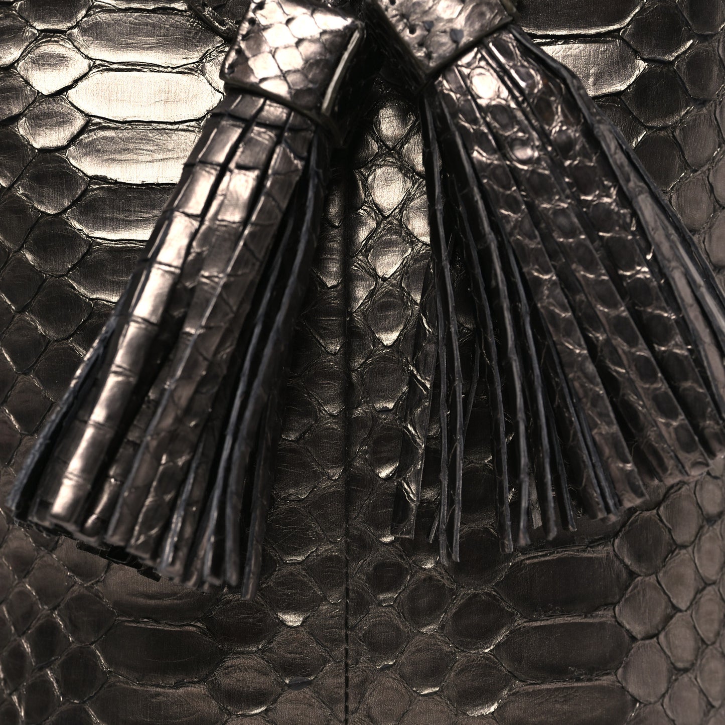 Metallic Snakeskin Small Double Tassel Bucket Bag Silver