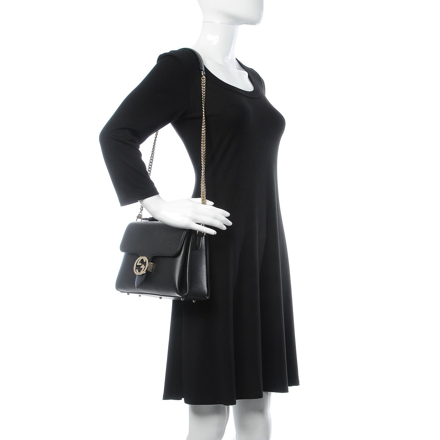 Dollar Calfskin Interlocking G Top Handle Shoulder Bag Black