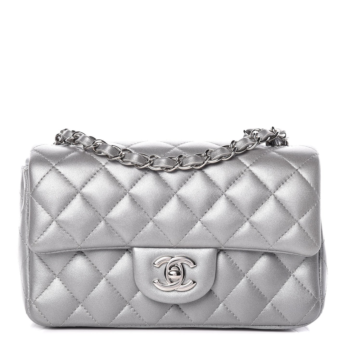 Metallic Lambskin Quilted Mini Rectangular Flap Silver