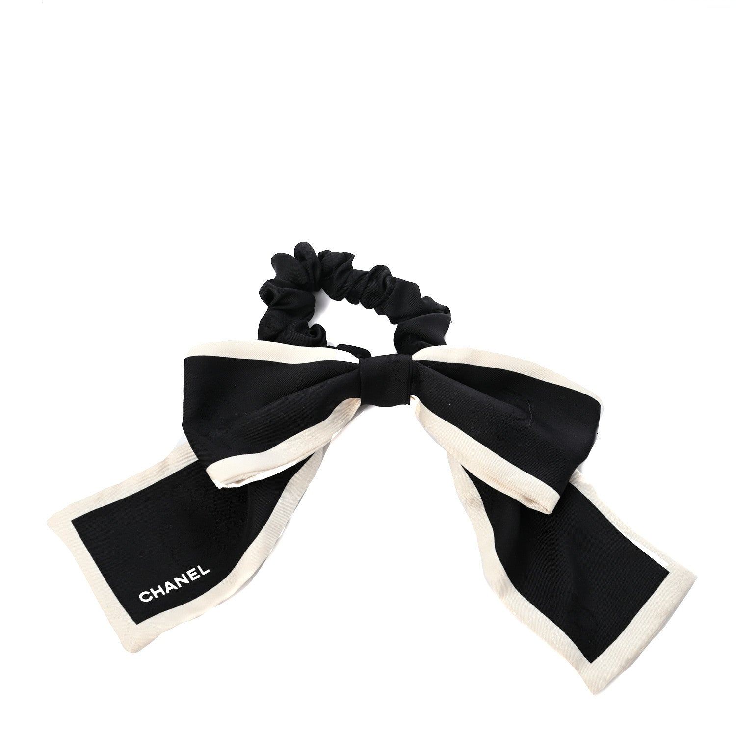 Chanel Silk Hair Tie Black Ivory 1 of 5