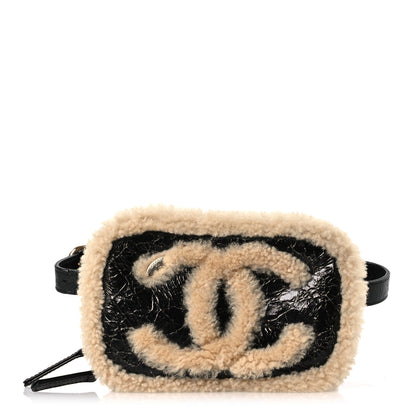 Chanel Shiny Crumpled Sheepskin Shearling Waist Bag Black Beige 1 of 12