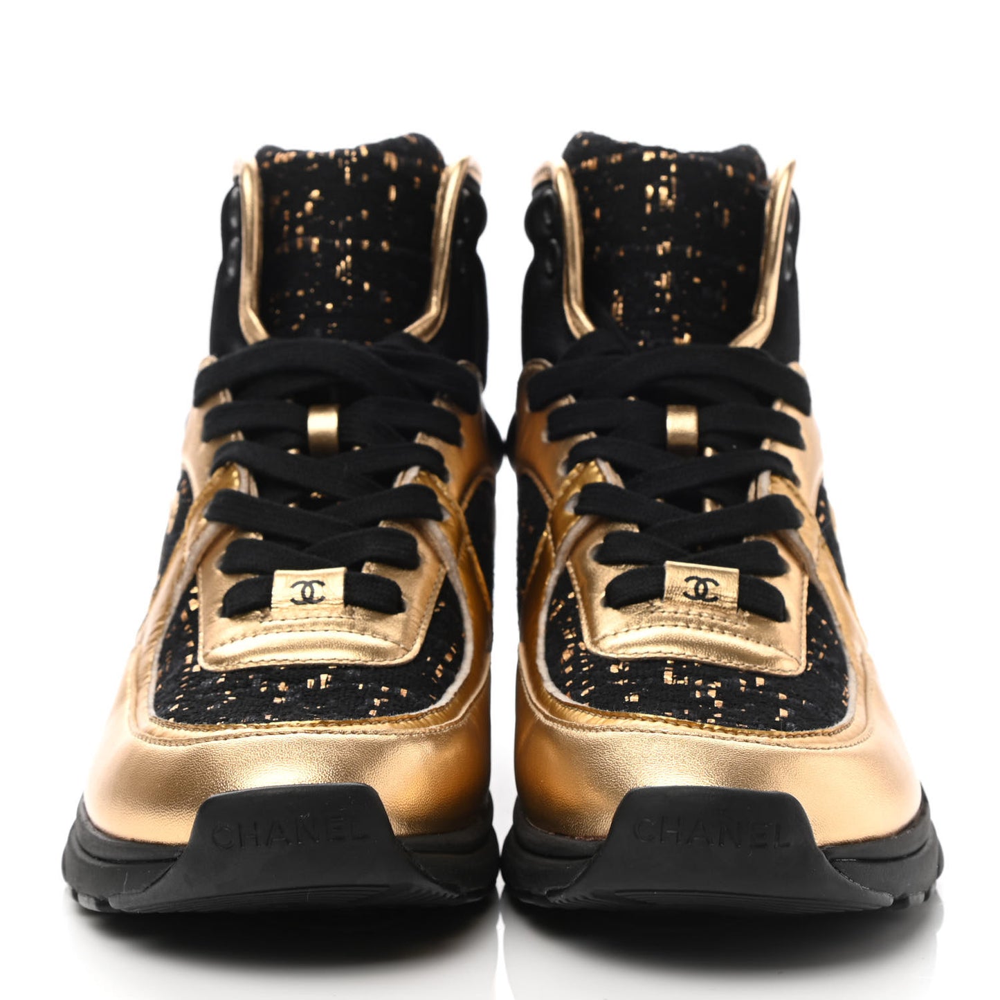Satin Lambskin Fabric Tweed CC High Top Sneakers 35.5 Black Gold