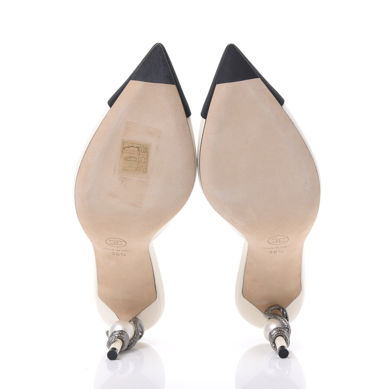 Chanel Goatskin Grosgrain Cap Toe Snake Pearl Mule 38.5 Beige Black 5 of 8