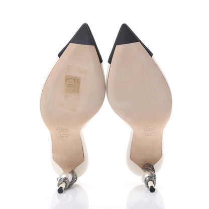 Chanel Goatskin Grosgrain Cap Toe Snake Pearl Mule 38.5 Beige Black 5 of 8