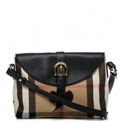 Burberry Horseshoe Calfskin House Check Small Milton Crossbody Bag Black 1 of 7